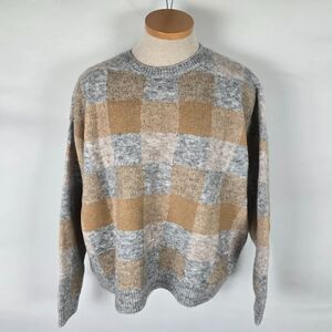 World Market Sweater Women's One Size Tan & Gray Black Plaid Acrylic Blend